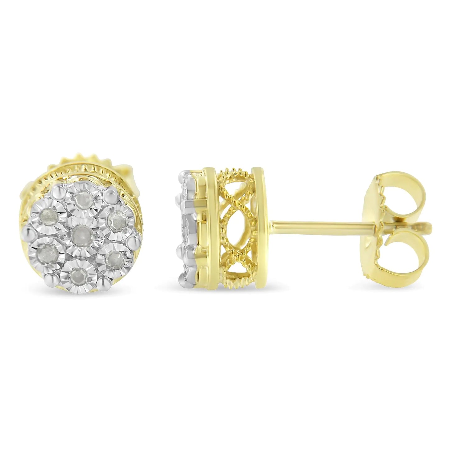 Pendientes de Botón con Diseño Floral de Diamantes (1/7 ct) en Plata y Baño de Oro 14K